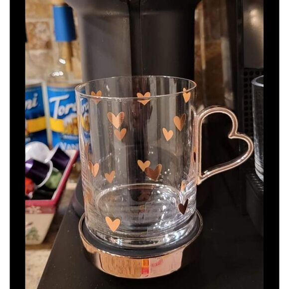 Valentines glass heart handle coffee mug clear with gold hearts set of 2 - Picture 3 of 13